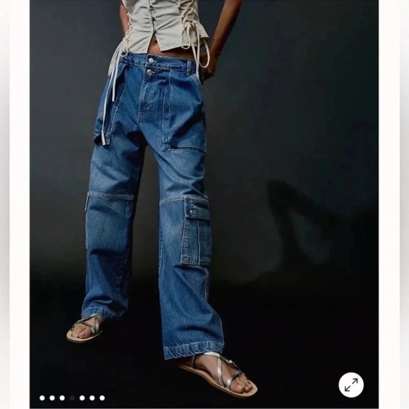 NWT Free People Marx Slouchy Cargo Jeans Pants Utility Wide Leg in Blue 28 - Picture 1 of 14